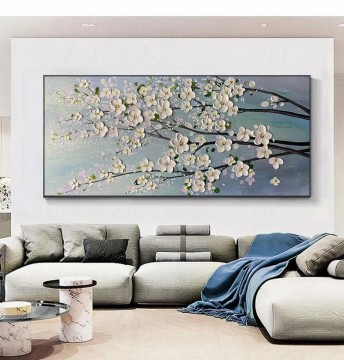 monochrome black white Painting - White Cherry Flowers by Palette Knife wall decor